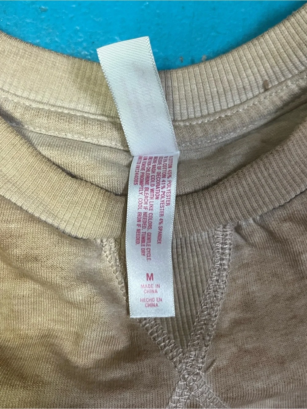 Crewneck Pullover Sweater in Beige with Sleeve Tape Detail